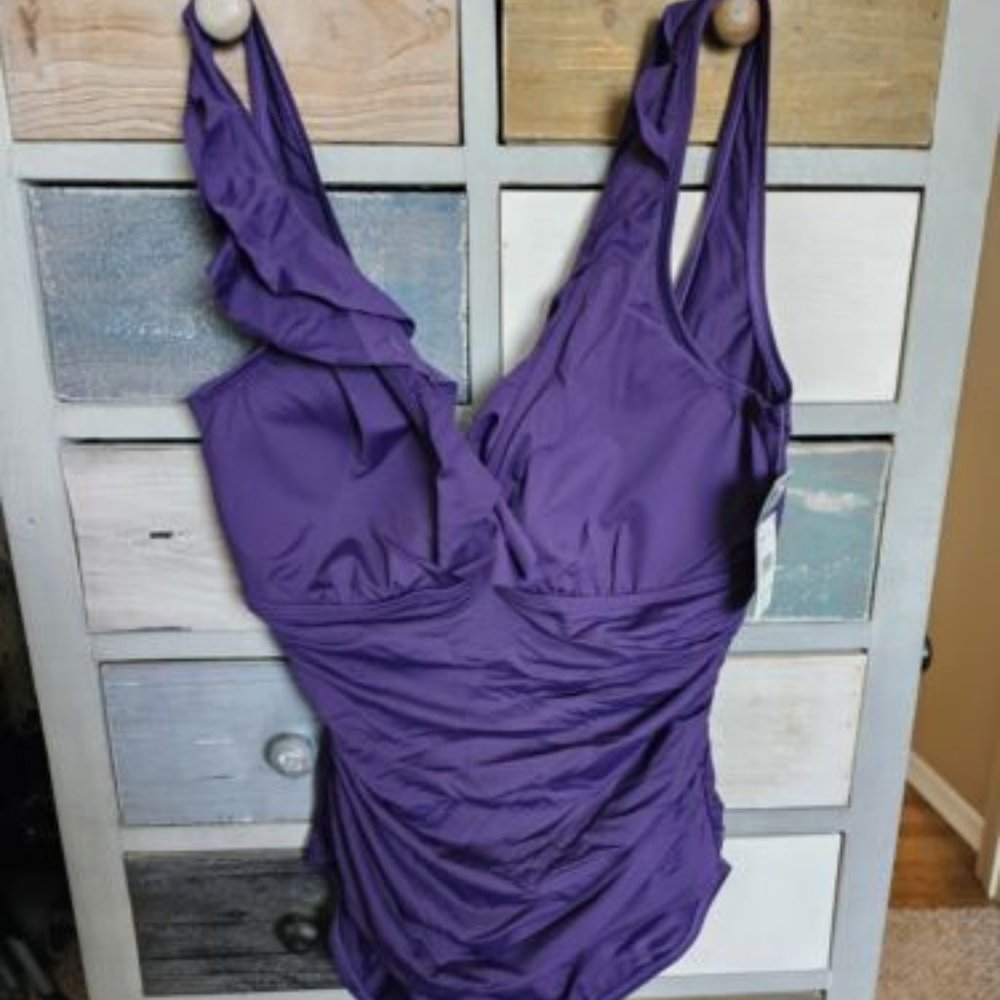 NWT $120 Ralph Lauren Size 14 Eggplant Beach Club One Piece Ruffled Swimsuit